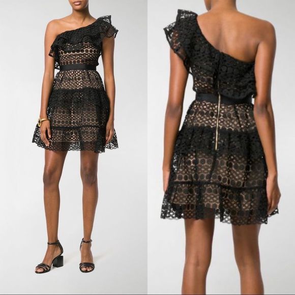 Self-Portrait Black and Tan Asymmetrical Ruffled Mini Dress - Picture 5 of 8